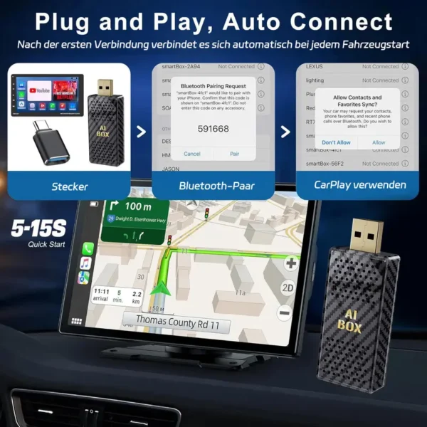 Mini Al Box, Streaming Netflix / Youtube / Tiktok zu Ihrem Auto!  2-in-1 Wireless CarPlay und Android Auto Adapter, werkseitig kabelgebunden, geeignet für CarPlay Autos - Image 2