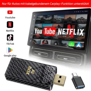 Mini Al Box, Streaming Netflix / Youtube / Tiktok zu Ihrem Auto!  2-in-1 Wireless CarPlay und Android Auto Adapter, werkseitig kabelgebunden, geeignet für CarPlay Autos