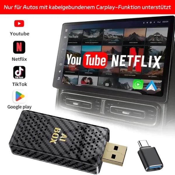 Mini Al Box, Streaming Netflix / Youtube / Tiktok zu Ihrem Auto!  2-in-1 Wireless CarPlay und Android Auto Adapter, werkseitig kabelgebunden, geeignet für CarPlay Autos